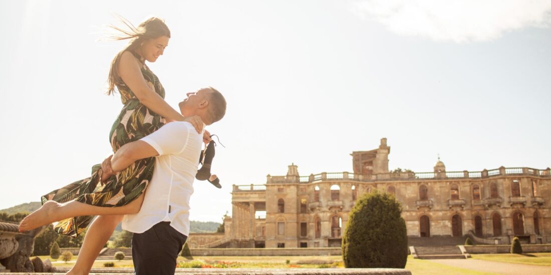 Engagement photo session in Witley Court and gardens, Worcestershire. Outdoor anniversary photoshoot of a beautiful couple. Wedding photography in West Midlands, U.K.