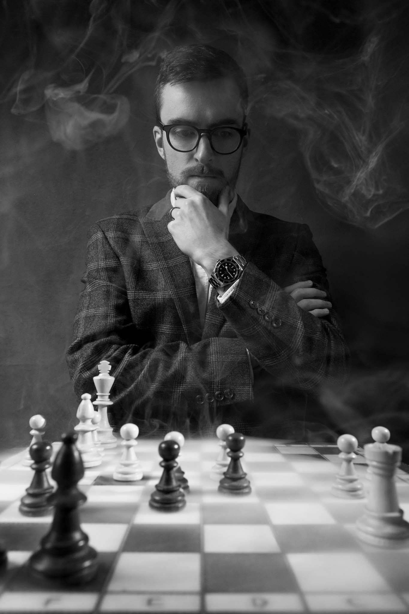 creative chess photoshoot with smoke