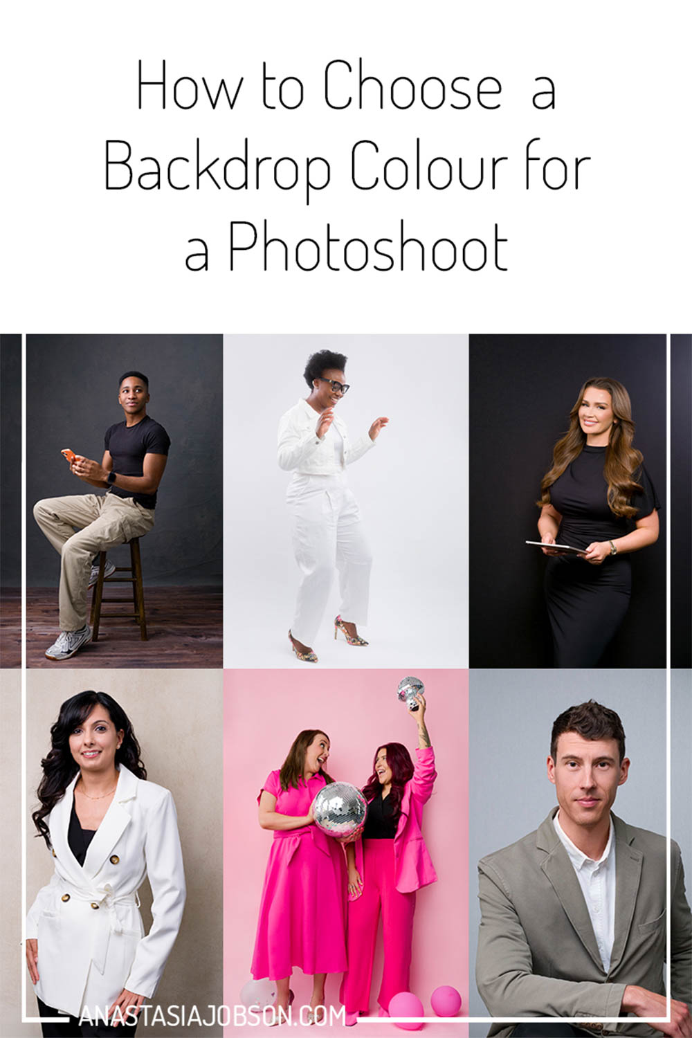 a portrait photo collage, text saying How to choose a backdrop colour for a photoshoot