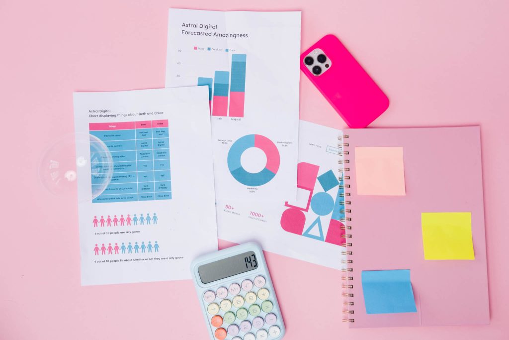 Marketing agency brand photography. Flatlay photo featuring charts and graphs